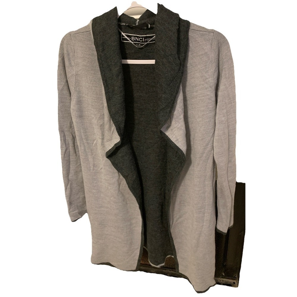 BNCI by Blanc Noir Sweater Gray Open Front Cardigan Hooded Wool Women's Small 39
